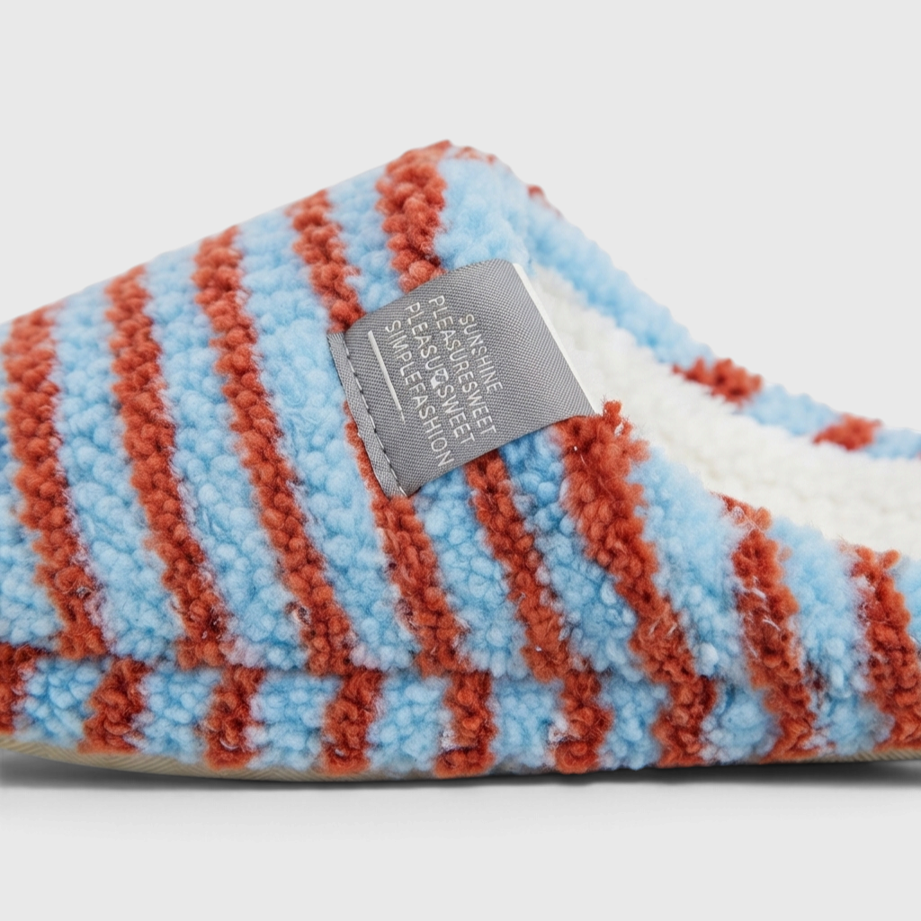 Chaussons mules d'intérieur rayés en polaire pelucheuse pour femme – Pantoufles cocooning douces, chaudes et confortables d'hiver