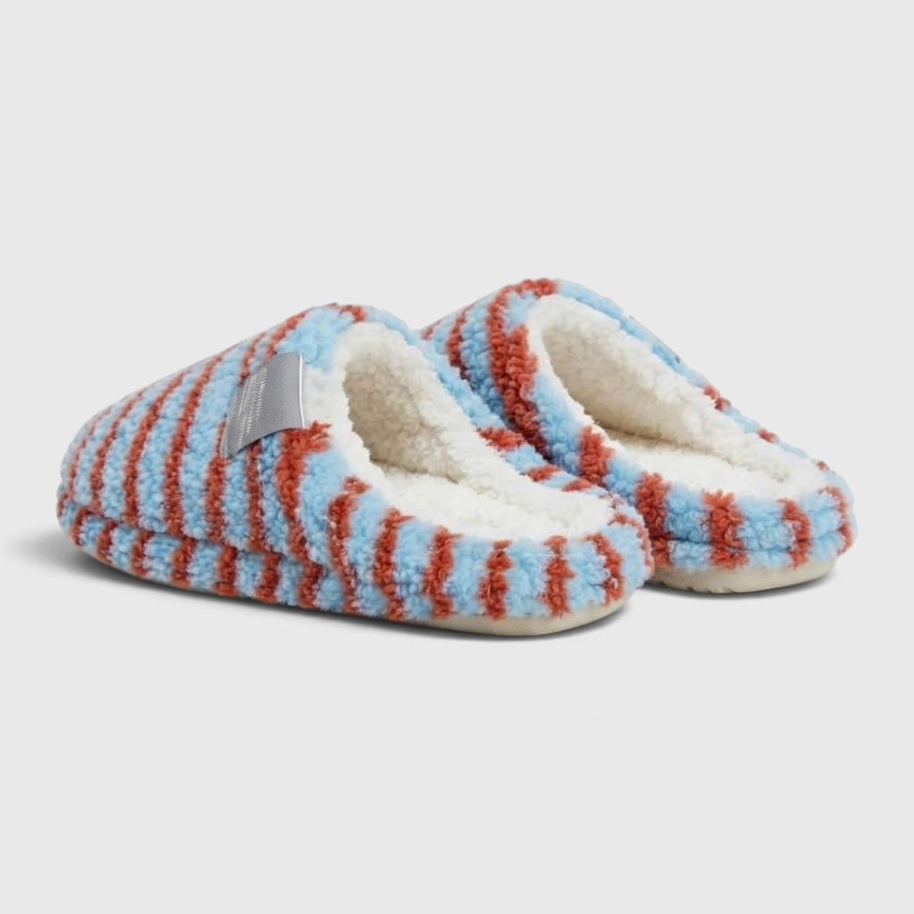 Chaussons mules d'intérieur rayés en polaire pelucheuse pour femme – Pantoufles cocooning douces, chaudes et confortables d'hiver