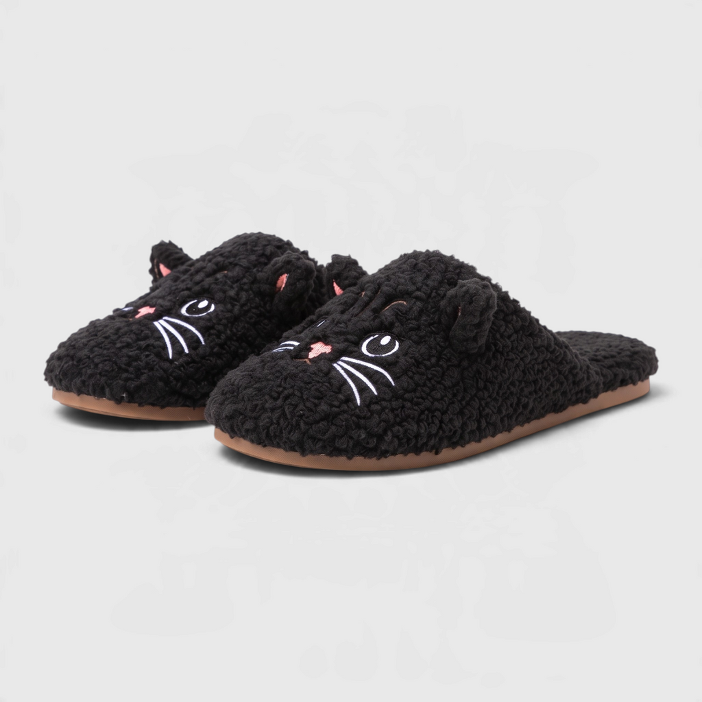 Chaussons peluche motif chat pour femme – Pantoufles d'intérieur d'hiver chaudes, douces et antidérapantes