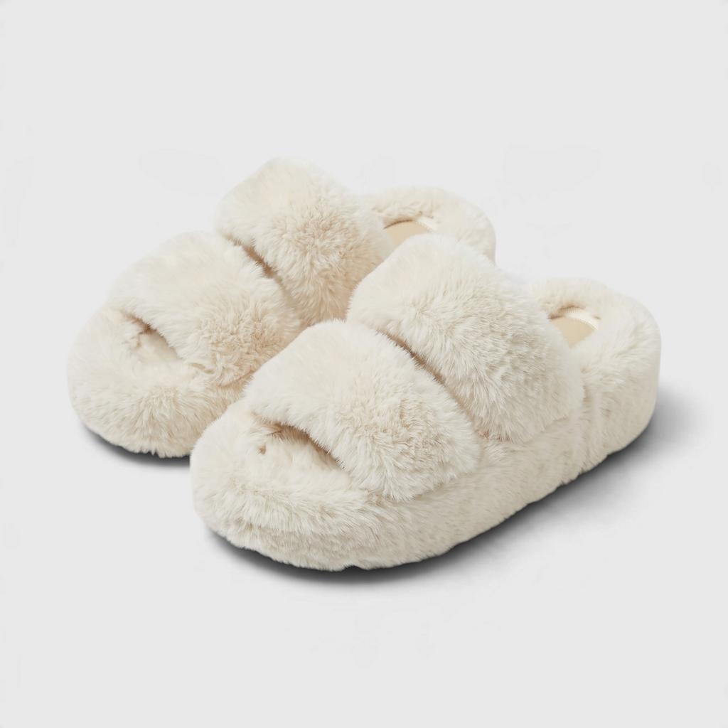 Claquettes Mules Plateforme en Fausse Fourrure Pelucheuse à Double Bride – Douceur, Moelleux & Maison Femme