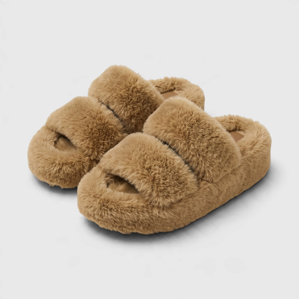 Claquettes Mules Plateforme en Fausse Fourrure Pelucheuse à Double Bride – Douceur, Moelleux & Maison Femme