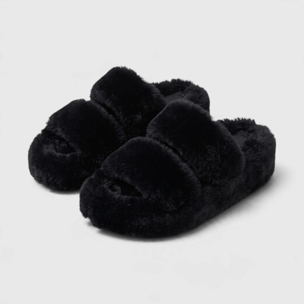Claquettes Mules Plateforme en Fausse Fourrure Pelucheuse à Double Bride – Douceur, Moelleux & Maison Femme