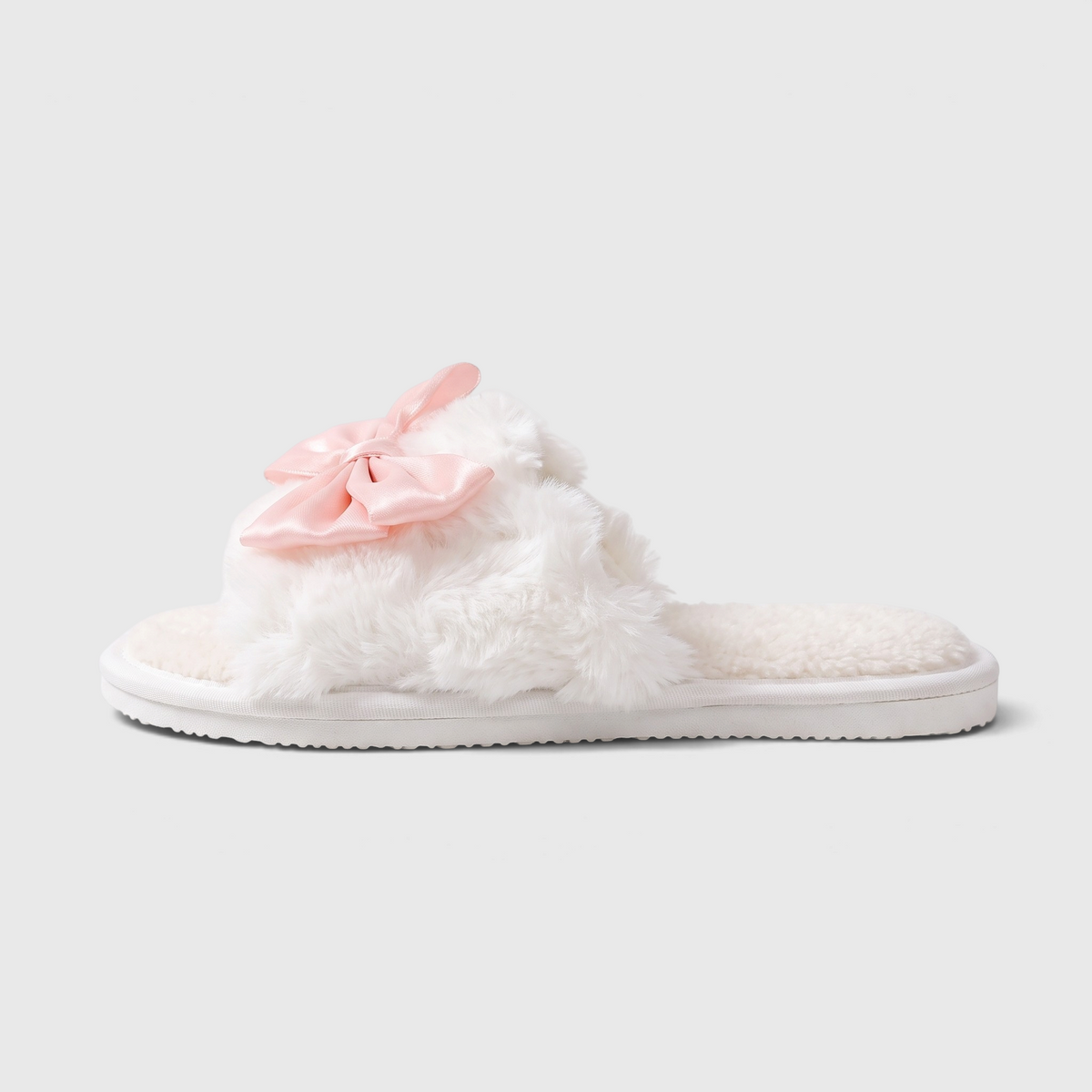 Claquettes femme en fausse fourrure avec nœud en satin – Pantoufles d'intérieur douces, chaudes et confortables à bout ouvert