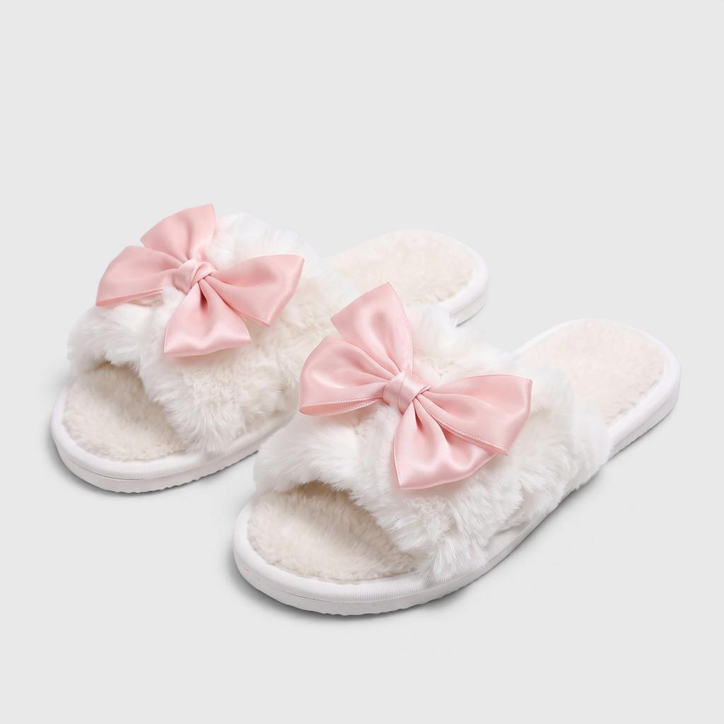 Claquettes femme en fausse fourrure avec nœud en satin – Pantoufles d'intérieur douces, chaudes et confortables à bout ouvert
