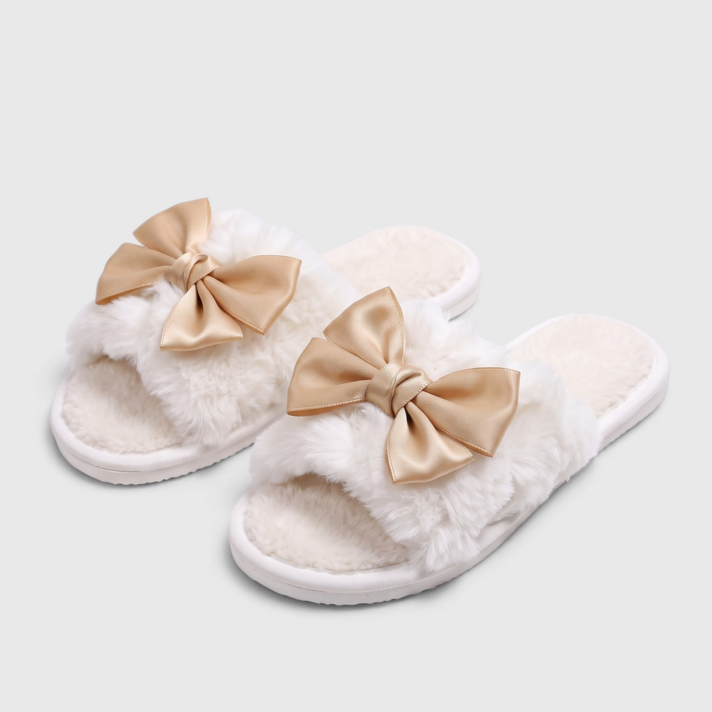 Claquettes femme en fausse fourrure avec nœud en satin – Pantoufles d'intérieur douces, chaudes et confortables à bout ouvert