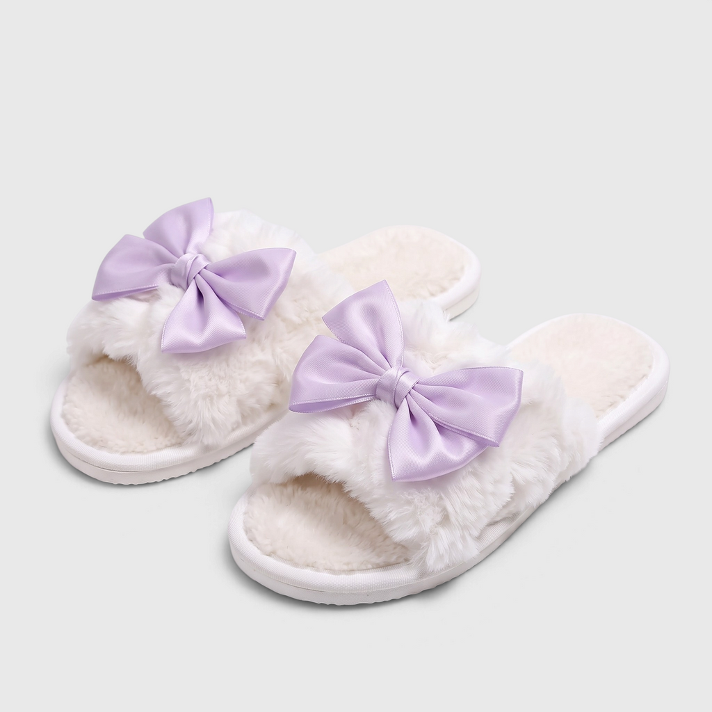 Claquettes femme en fausse fourrure avec nœud en satin – Pantoufles d'intérieur douces, chaudes et confortables à bout ouvert