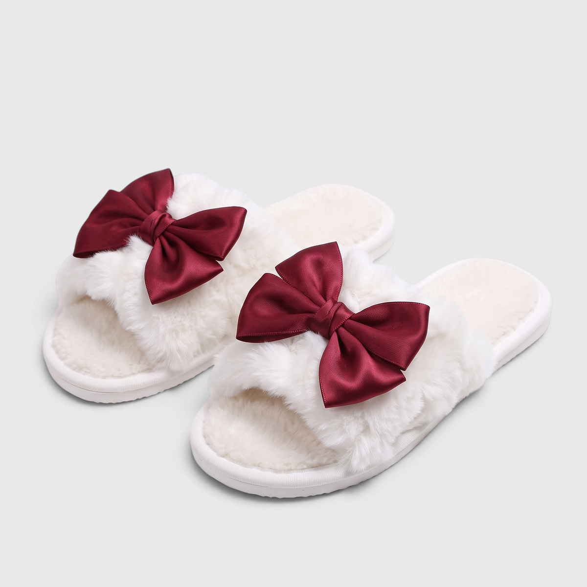 Claquettes femme en fausse fourrure avec nœud en satin – Pantoufles d'intérieur douces, chaudes et confortables à bout ouvert