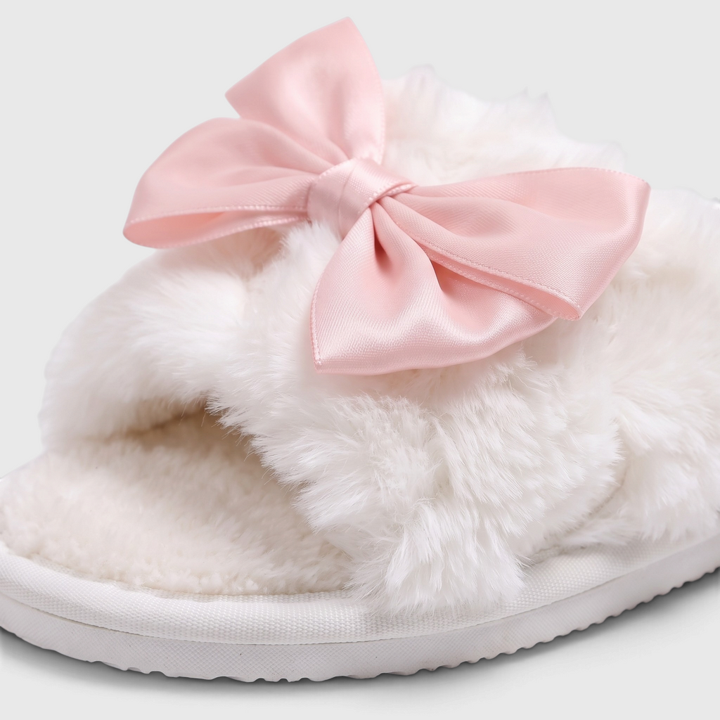 Claquettes femme en fausse fourrure avec nœud en satin – Pantoufles d'intérieur douces, chaudes et confortables à bout ouvert