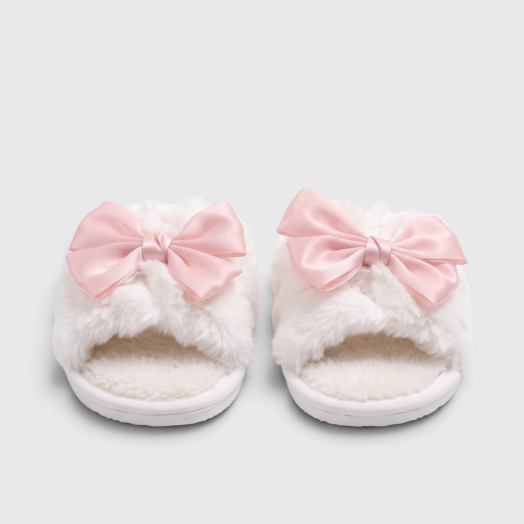 Claquettes femme en fausse fourrure avec nœud en satin – Pantoufles d'intérieur douces, chaudes et confortables à bout ouvert