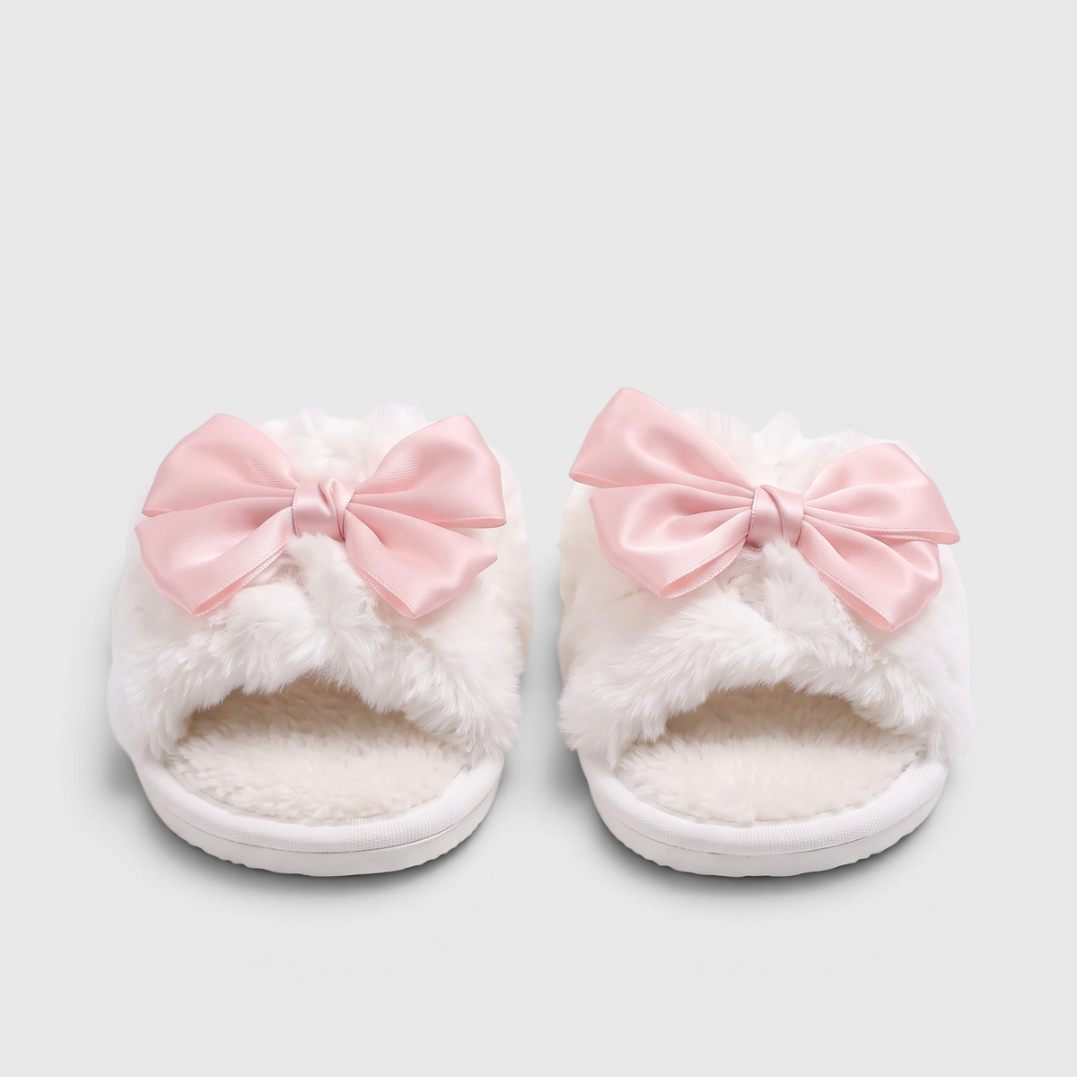 Claquettes femme en fausse fourrure avec nœud en satin – Pantoufles d'intérieur douces, chaudes et confortables à bout ouvert