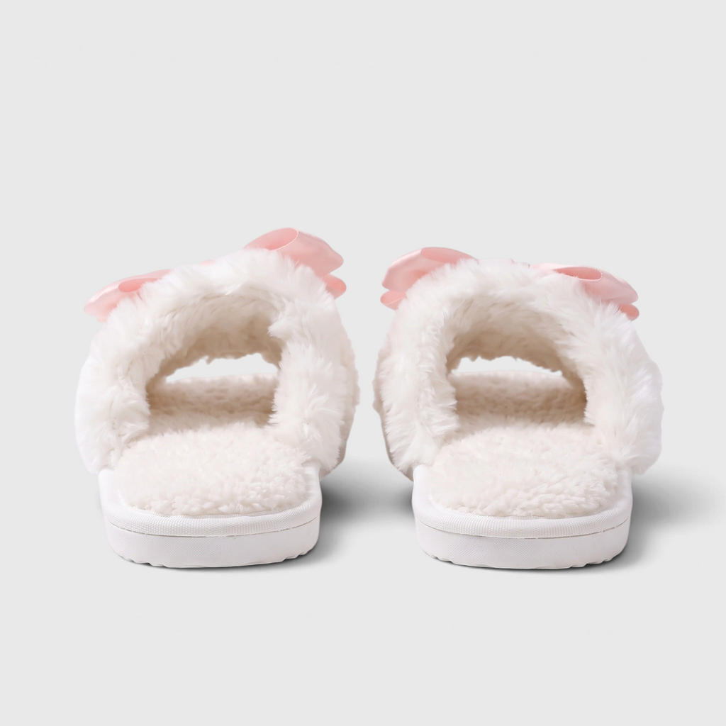 Claquettes femme en fausse fourrure avec nœud en satin – Pantoufles d'intérieur douces, chaudes et confortables à bout ouvert