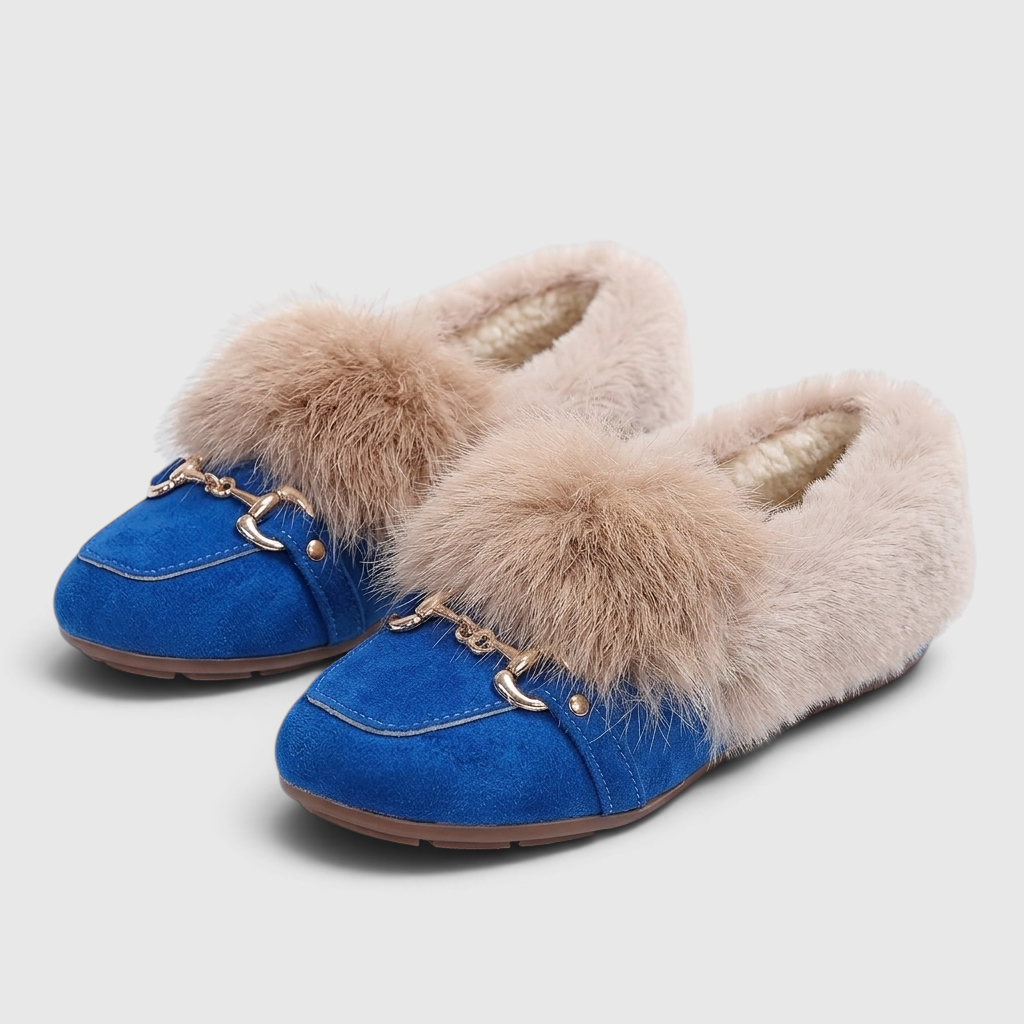 Mocassins femme à enfiler avec boucle dorée et fausse fourrure – Chaussons doux, légers et confortables