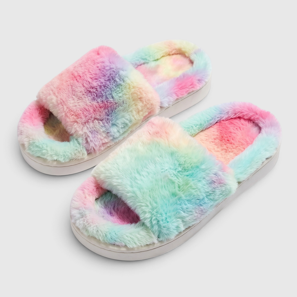 Chaussons femme en fausse fourrure imprimée – Mules douces et confortables à semelle plateforme