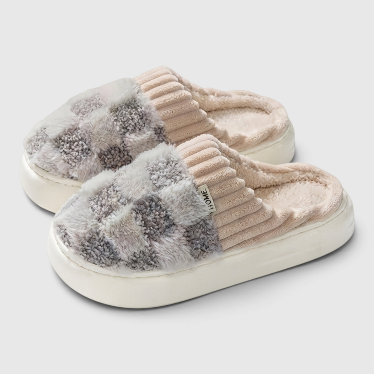 Pantoufles femme plateforme à motif damier pelucheux – Chaussons d'intérieur chauds, doux et confortables à semelle épaisse