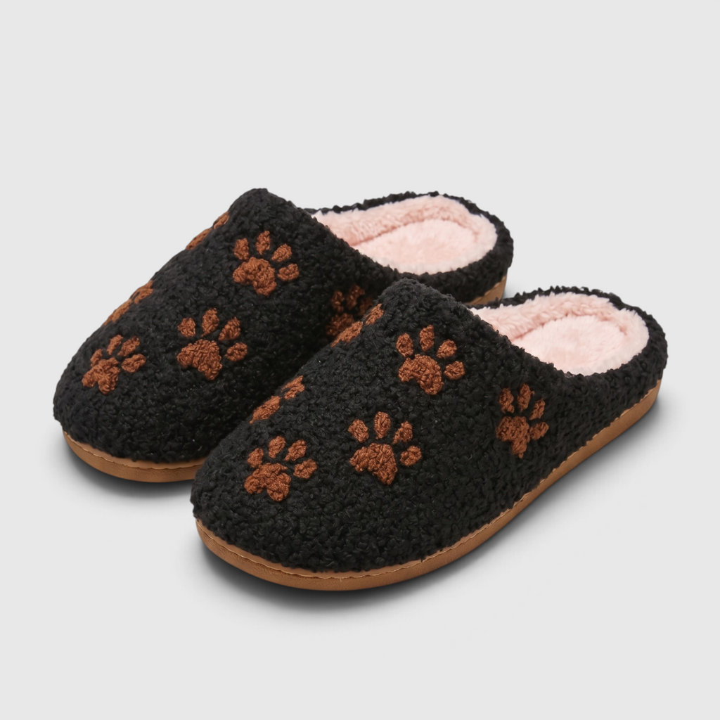 Chaussons femme en polaire brodée pattes d'animaux – Mules d'intérieur douces, chaudes et confortables