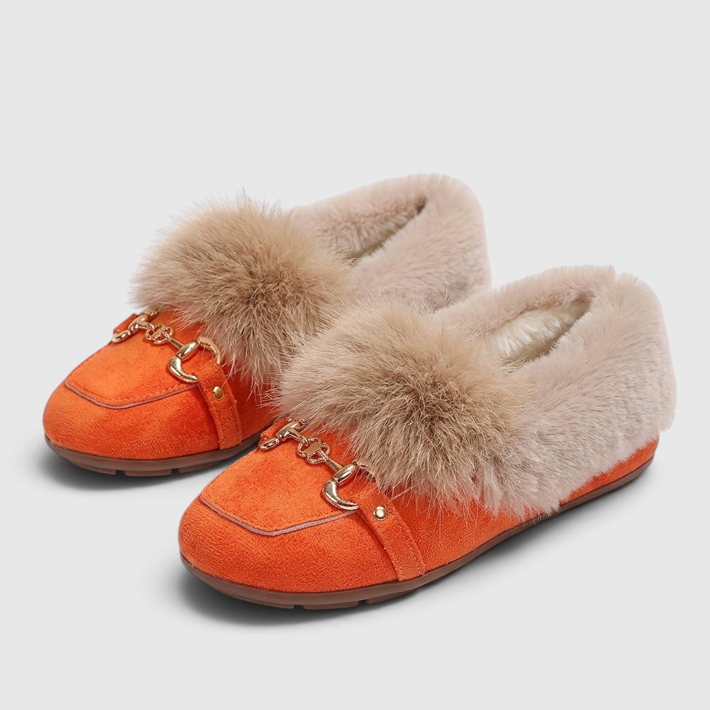 Mocassins femme à enfiler avec boucle dorée et fausse fourrure – Chaussons doux, légers et confortables