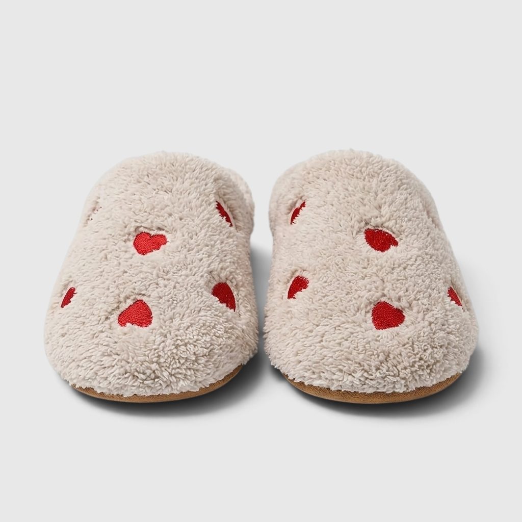 Pantoufles femme en peluche à motifs cœurs – Chaussons d'intérieur doux, chauds et silencieux à semelle souple