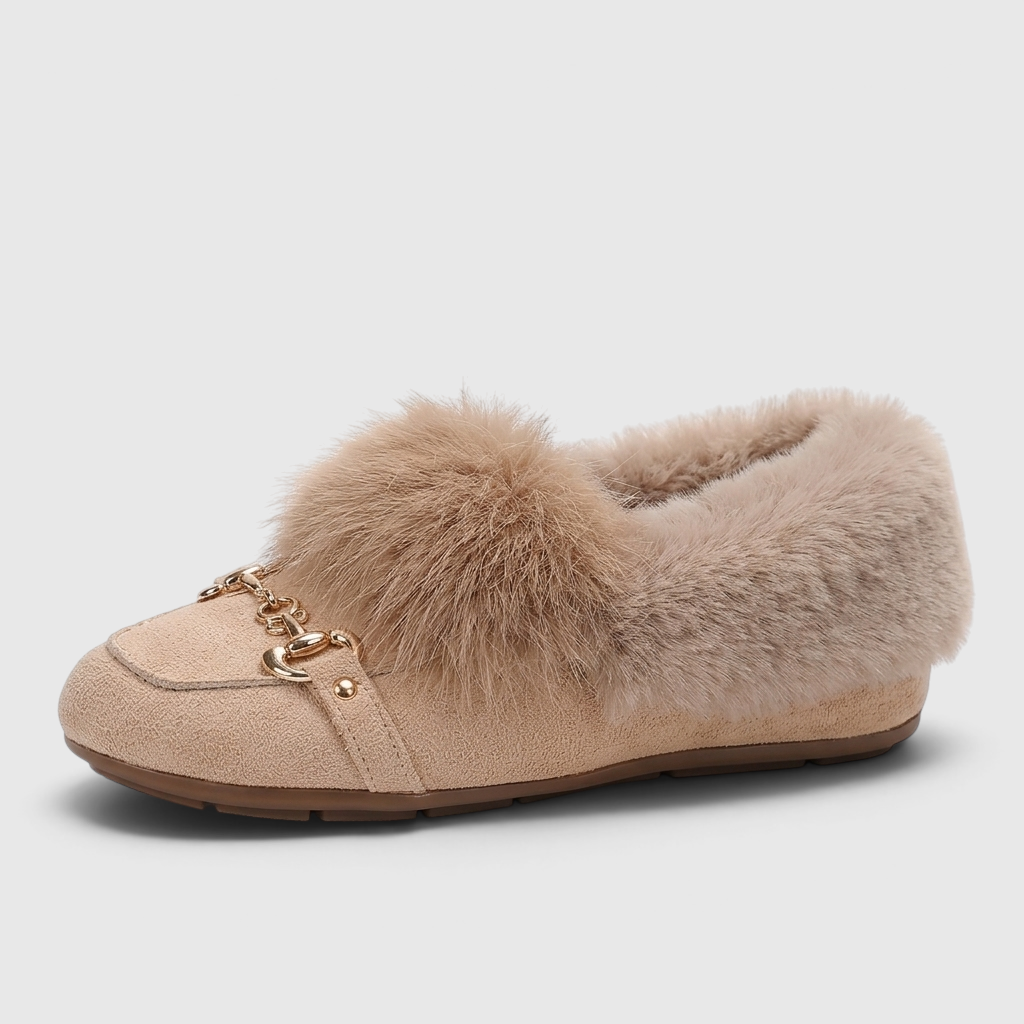 Mocassins femme à enfiler avec boucle dorée et fausse fourrure – Chaussons doux, légers et confortables