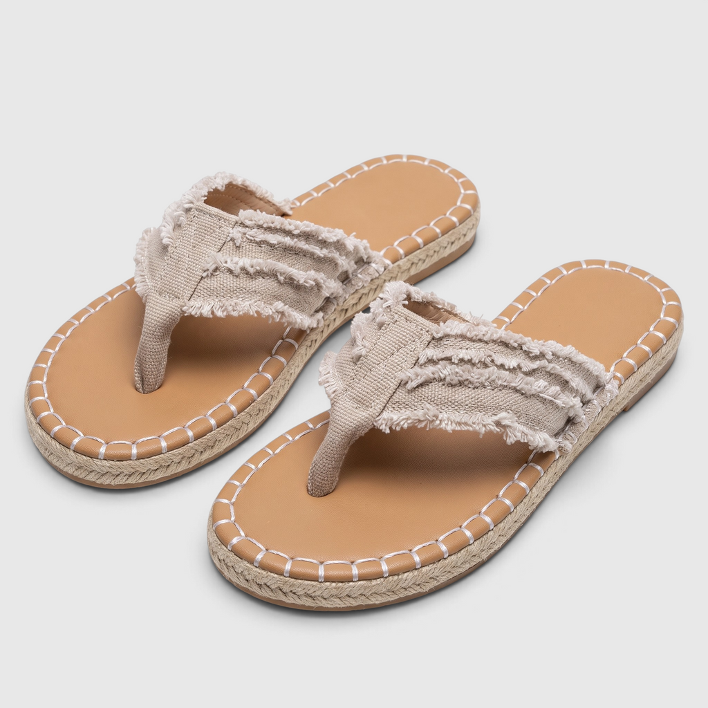 Tongs femme en jean à brides effilochées semelle espadrille – Sandales plates d'été confortables en toile et corde de jute pour plage et vacances
