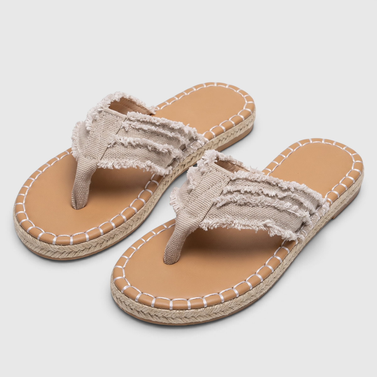 Tongs femme en jean à brides effilochées semelle espadrille – Sandales plates d'été confortables en toile et corde de jute pour plage et vacances