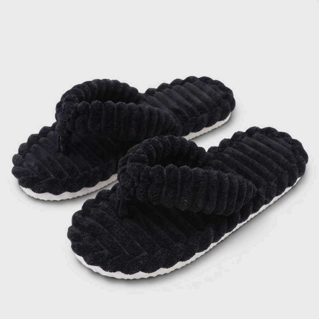 Chaussons tongs femme en fausse fourrure pelucheuse côtelée – Pantoufles d'intérieur douces, chaudes et confortables à semelle antidérapante pour chambre et maison