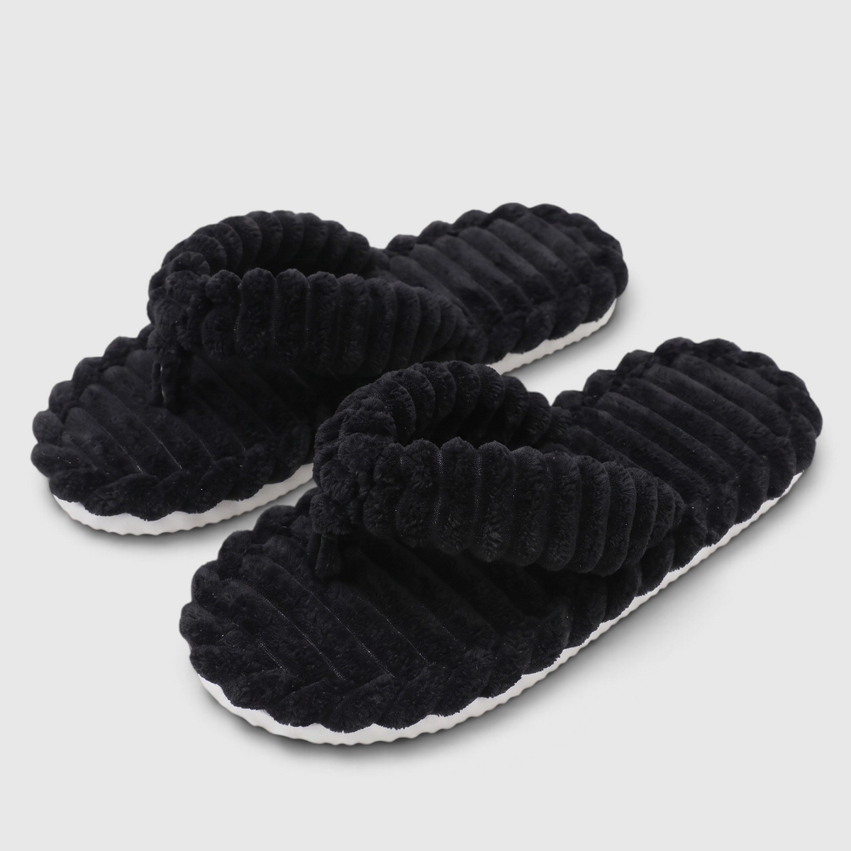 Chaussons tongs femme en fausse fourrure pelucheuse côtelée – Pantoufles d'intérieur douces, chaudes et confortables à semelle antidérapante pour chambre et maison