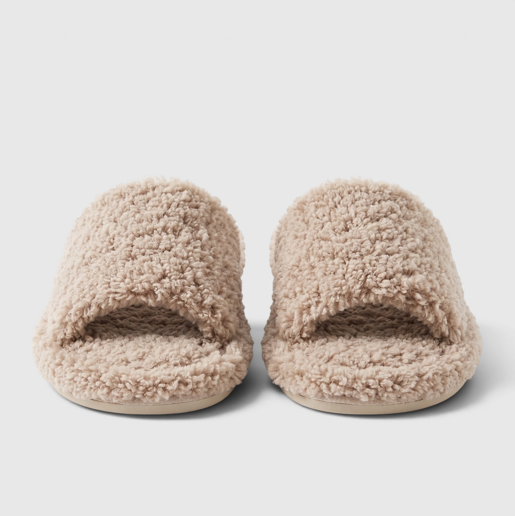 Claquettes femme en polaire bouclée – Mules d'intérieur douces et confortables à bout ouvert