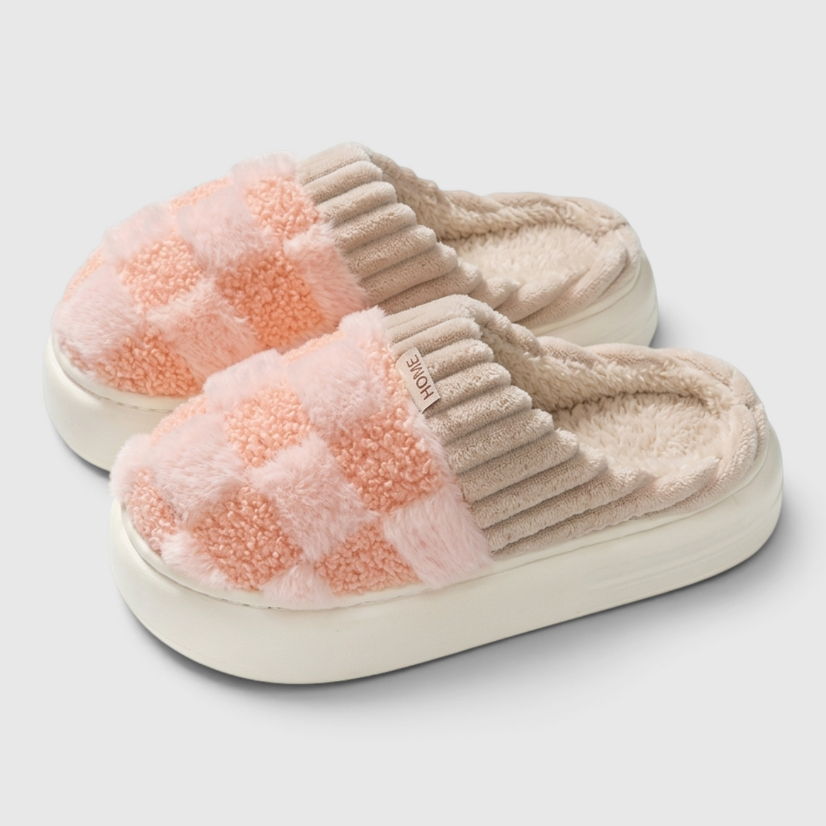 Pantoufles femme plateforme à motif damier pelucheux – Chaussons d'intérieur chauds, doux et confortables à semelle épaisse