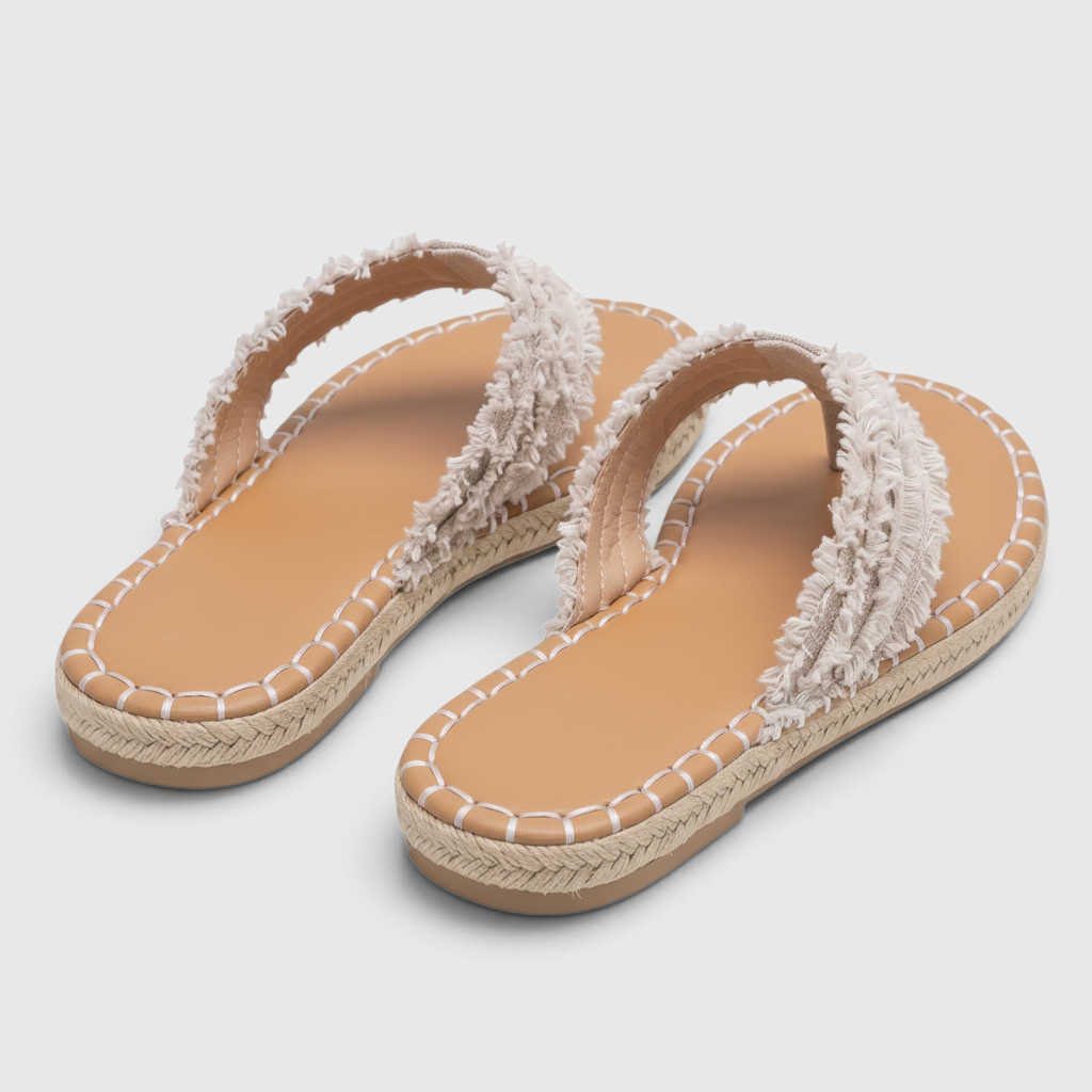 Tongs femme en jean à brides effilochées semelle espadrille – Sandales plates d'été confortables en toile et corde de jute pour plage et vacances