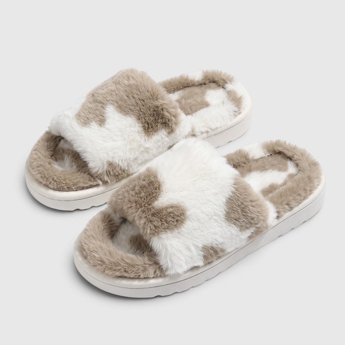 Chaussons femme en fausse fourrure imprimée – Mules douces et confortables à semelle plateforme