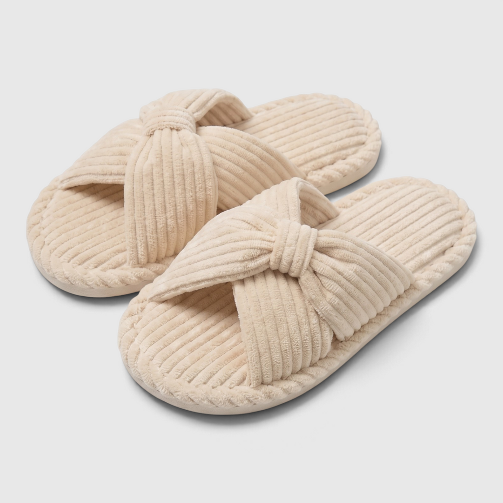 Chaussons femme en velours côtelé à nœud – Mules d'intérieur douces, légères et confortables