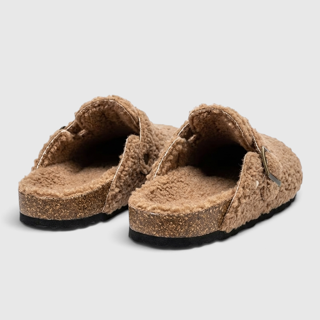 Sabots femme en fausse fourrure bouclée avec boucle – Mules d'hiver chaudes, douces et confortables à semelle liège