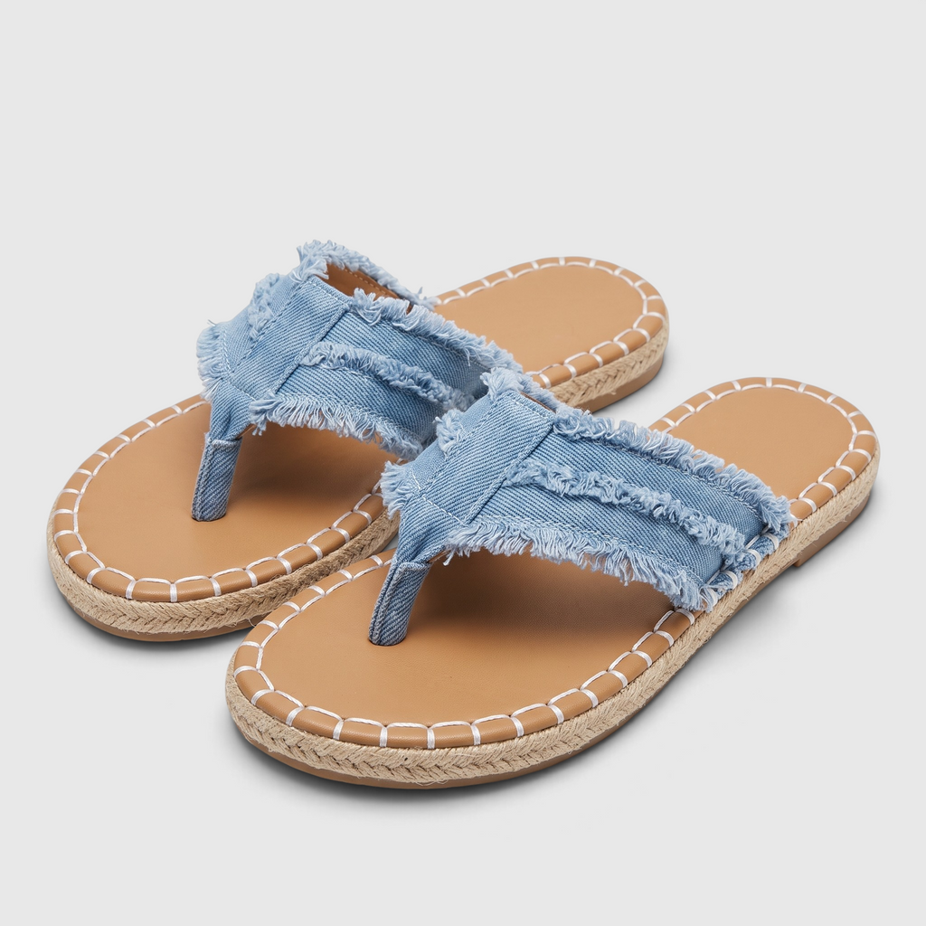 Tongs femme en jean à brides effilochées semelle espadrille – Sandales plates d'été confortables en toile et corde de jute pour plage et vacances