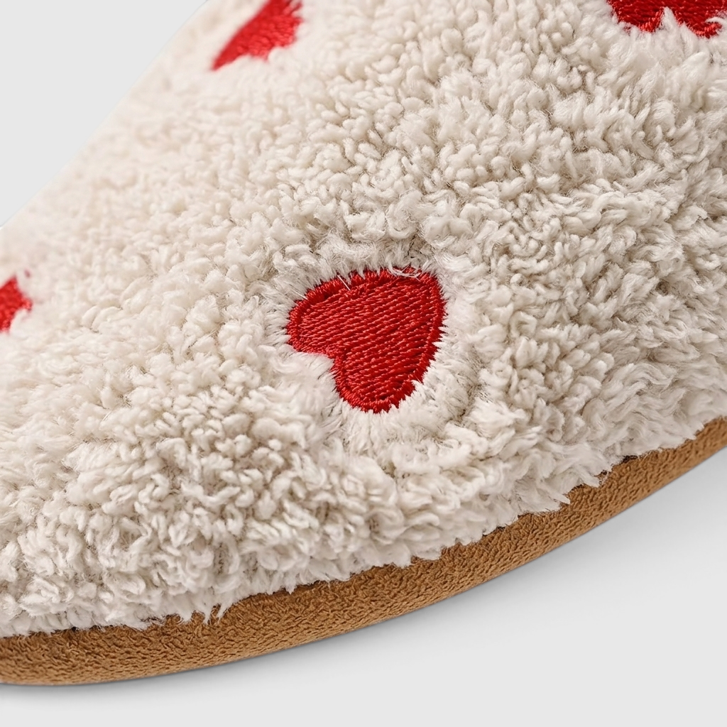 Pantoufles femme en peluche à motifs cœurs – Chaussons d'intérieur doux, chauds et silencieux à semelle souple