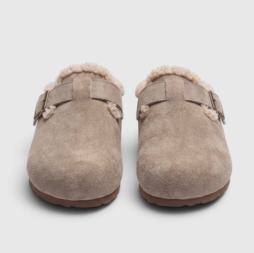 Sabots fourrés femme en suédine à boucle – Mules douces et confortables doublées sherpa