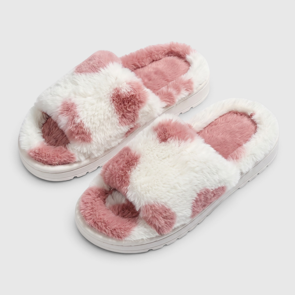 Chaussons femme en fausse fourrure imprimée – Mules douces et confortables à semelle plateforme