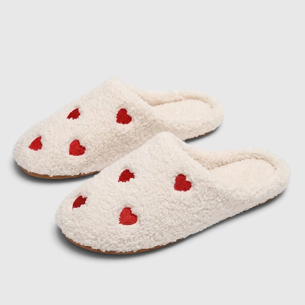 Pantoufles femme en peluche à motifs cœurs – Chaussons d'intérieur doux, chauds et silencieux à semelle souple