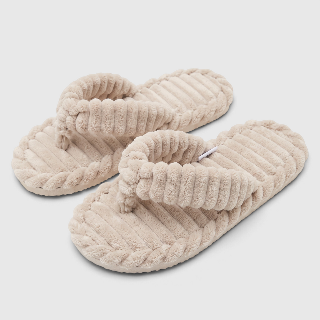 Chaussons tongs femme en fausse fourrure pelucheuse côtelée – Pantoufles d'intérieur douces, chaudes et confortables à semelle antidérapante pour chambre et maison