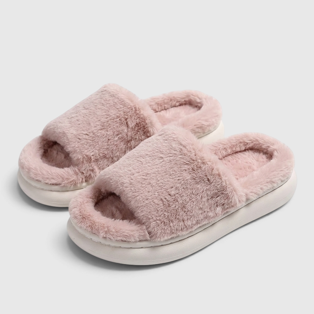 Claquettes femme plateforme en fausse fourrure à bride large – Pantoufles ouvertes douces et moelleuses pour l'intérieur