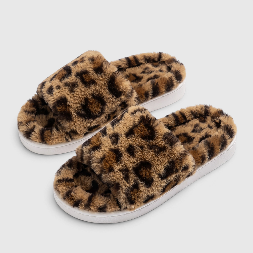 Chaussons femme en fausse fourrure imprimée – Mules douces et confortables à semelle plateforme