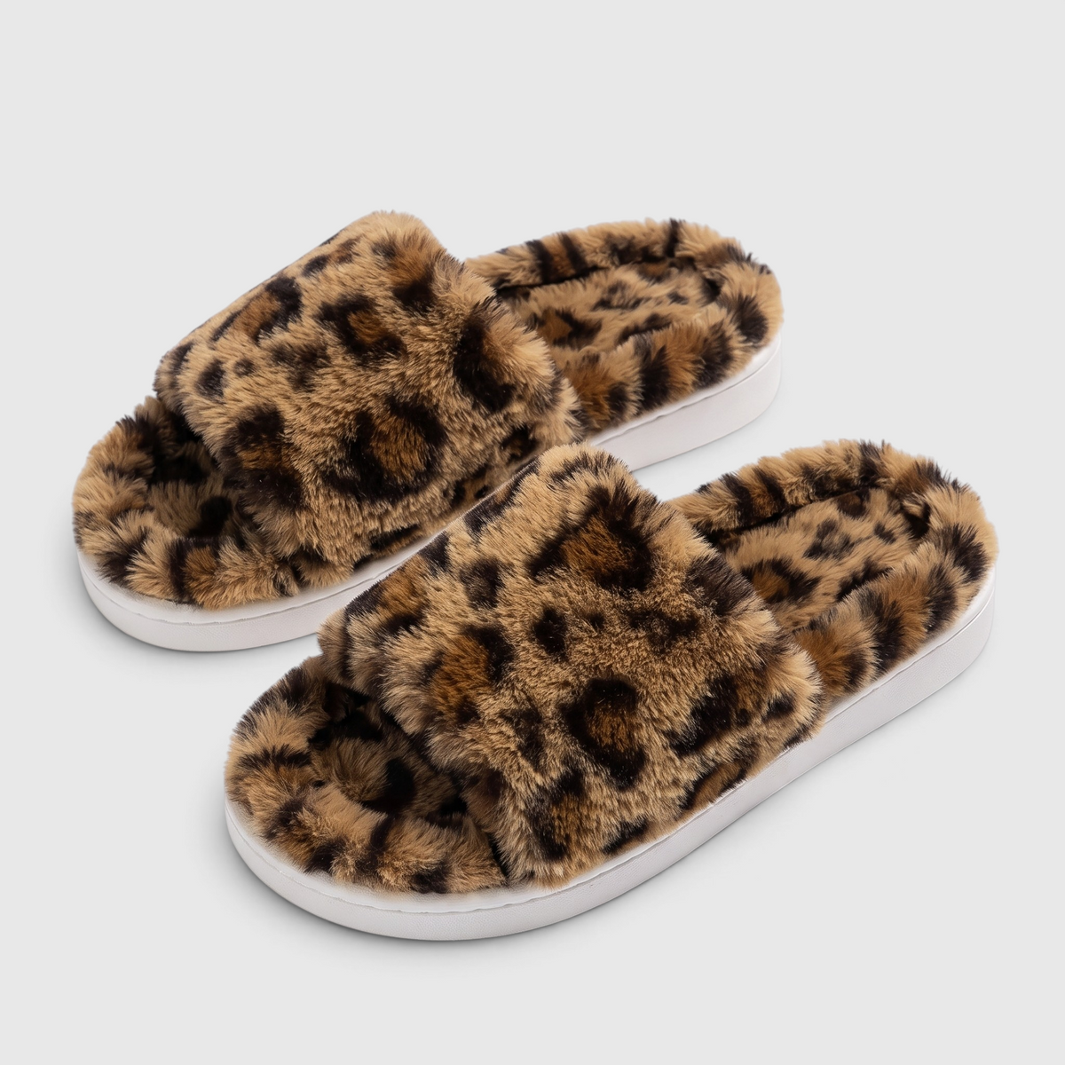 Chaussons femme en fausse fourrure imprimée – Mules douces et confortables à semelle plateforme
