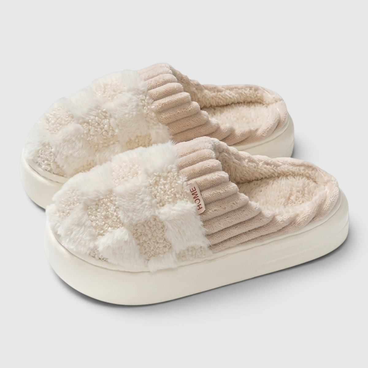 Pantoufles femme plateforme à motif damier pelucheux – Chaussons d'intérieur chauds, doux et confortables à semelle épaisse