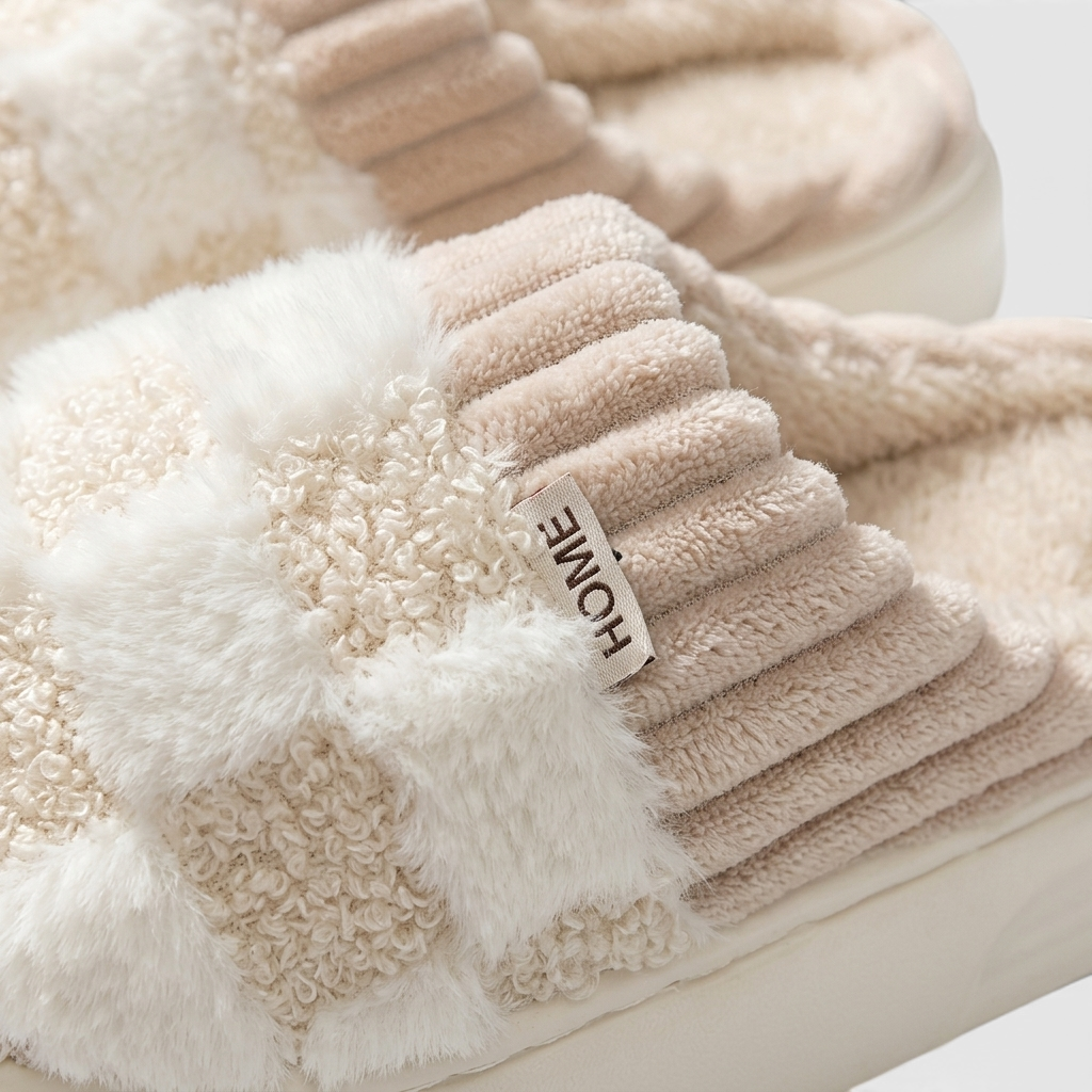 Pantoufles femme plateforme à motif damier pelucheux – Chaussons d'intérieur chauds, doux et confortables à semelle épaisse