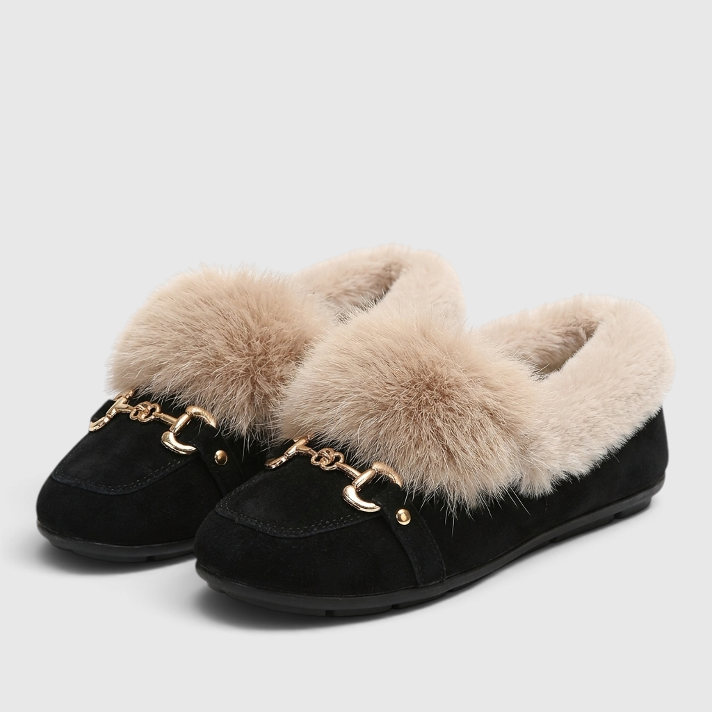 Mocassins femme à enfiler avec boucle dorée et fausse fourrure – Chaussons doux, légers et confortables