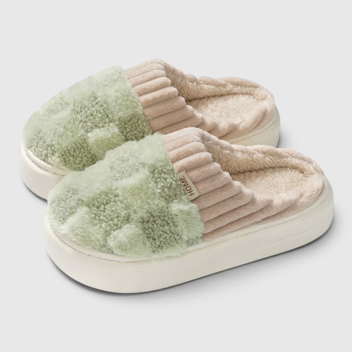 Pantoufles femme plateforme à motif damier pelucheux – Chaussons d'intérieur chauds, doux et confortables à semelle épaisse
