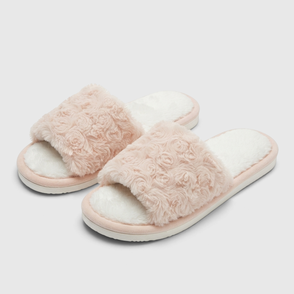 Pantoufles femme ouvertes en fausse fourrure effet rosace – Mules d'intérieur douces, légères et confortables