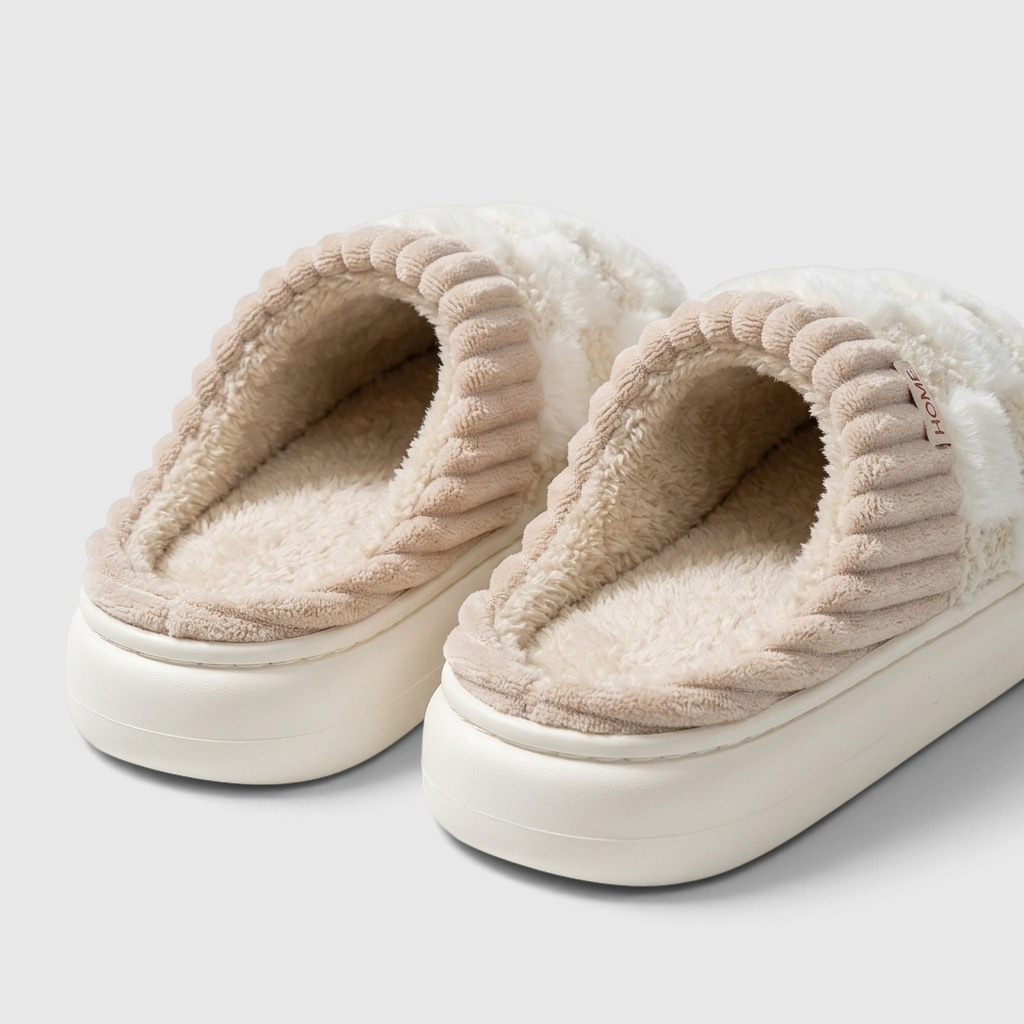 Pantoufles femme plateforme à motif damier pelucheux – Chaussons d'intérieur chauds, doux et confortables à semelle épaisse
