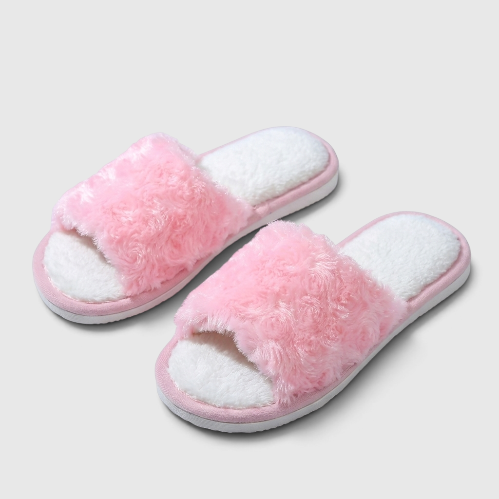 Pantoufles femme ouvertes en fausse fourrure effet rosace – Mules d'intérieur douces, légères et confortables