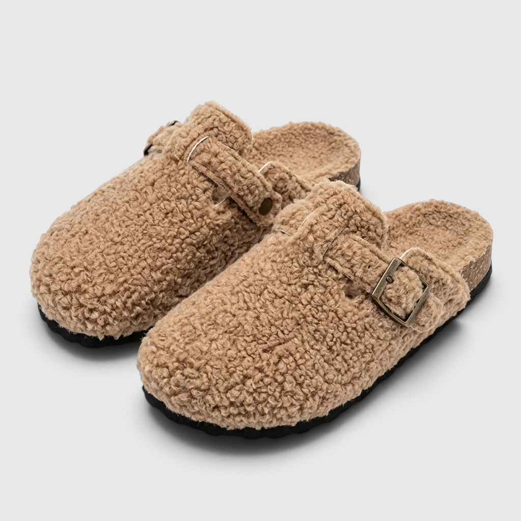 Sabots femme en fausse fourrure bouclée avec boucle – Mules d'hiver chaudes, douces et confortables à semelle liège