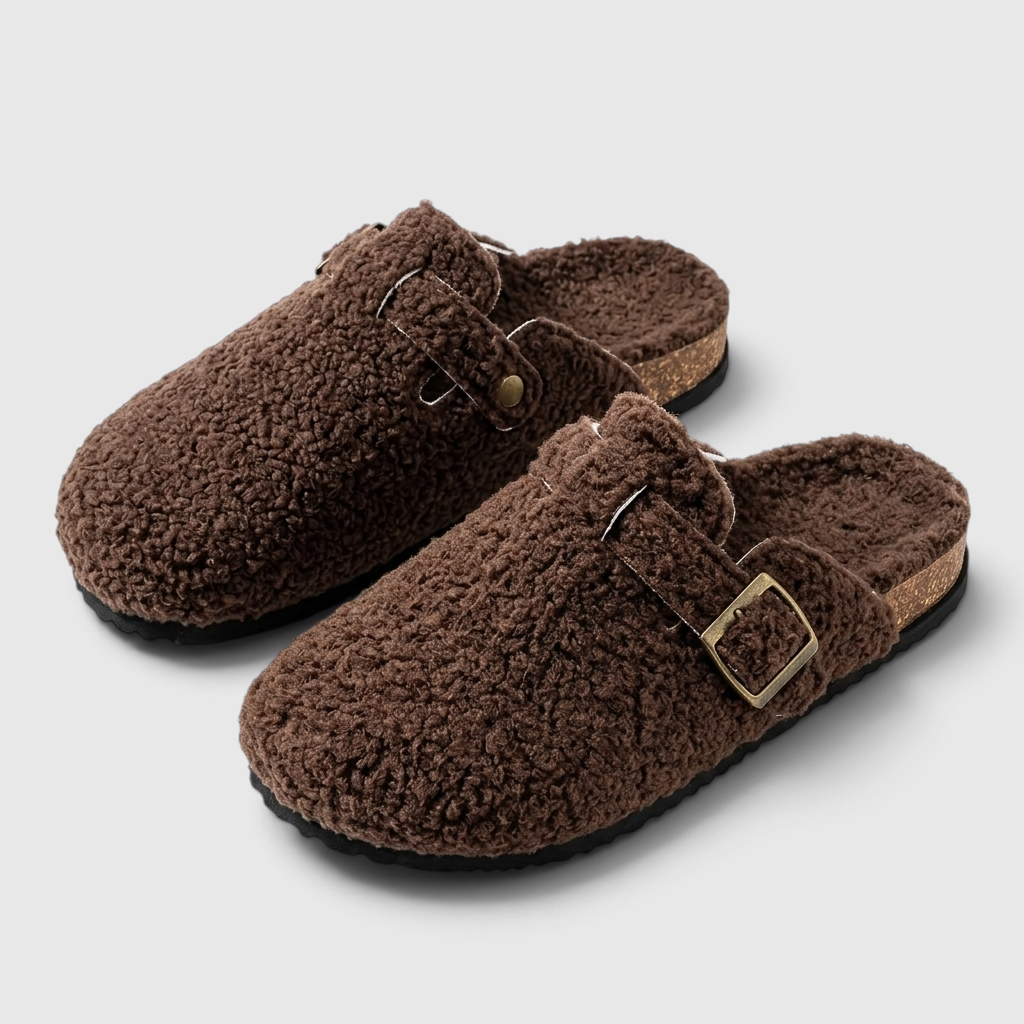 Sabots femme en fausse fourrure bouclée avec boucle – Mules d'hiver chaudes, douces et confortables à semelle liège